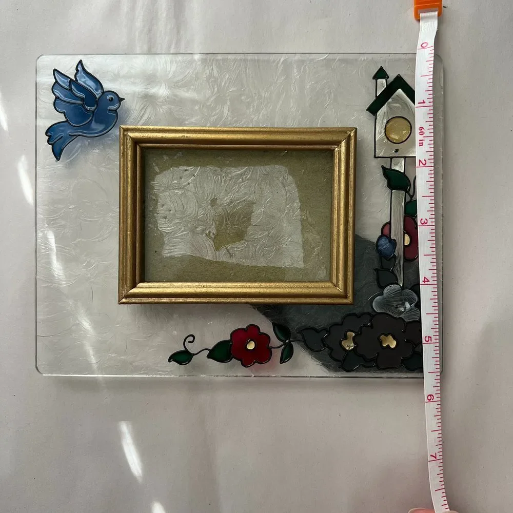 Decorative Glass Photo Frame with Bird & Floral Design, Gold-Trimmed, 4x6 inches